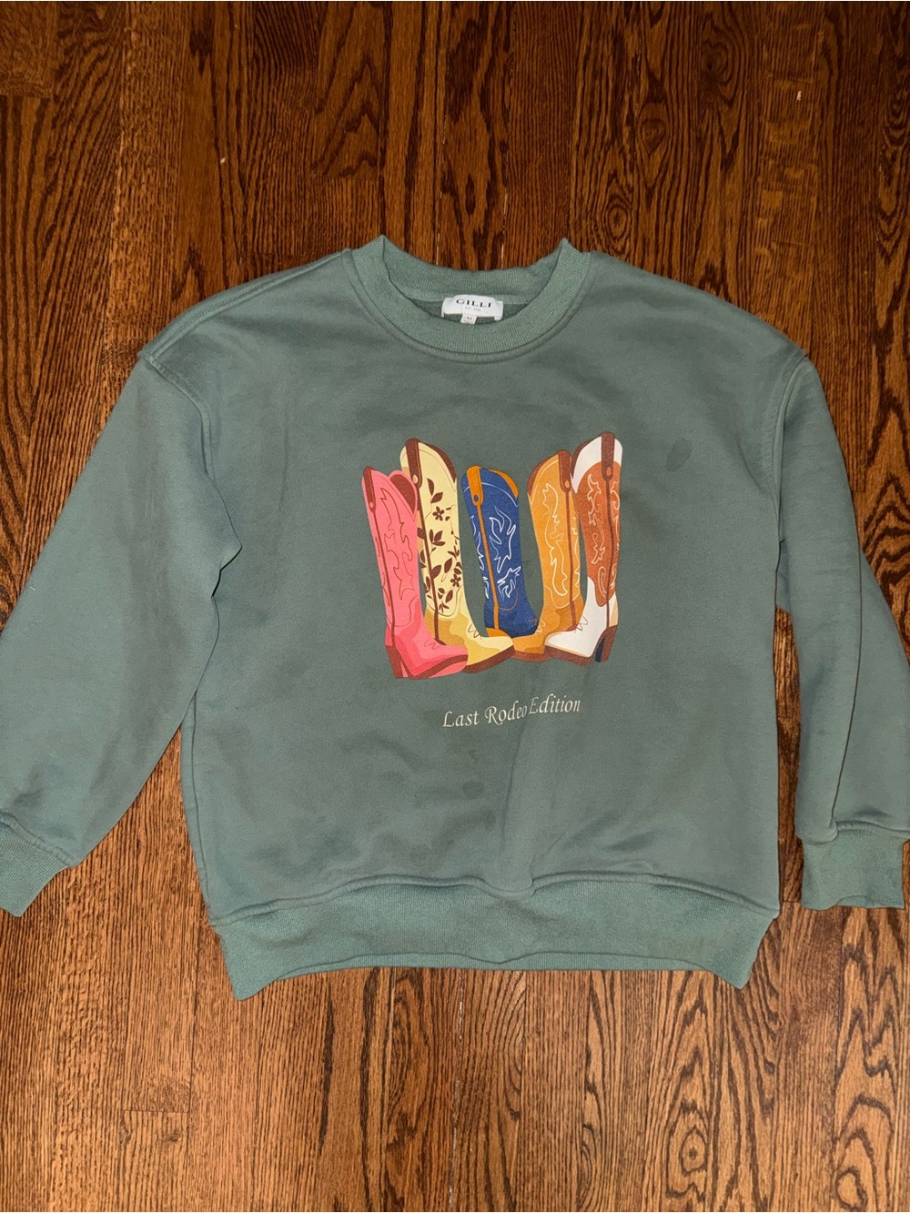 Gilli Green Crewneck Sweatshirt with Colorful Cowboy Boot Graphic